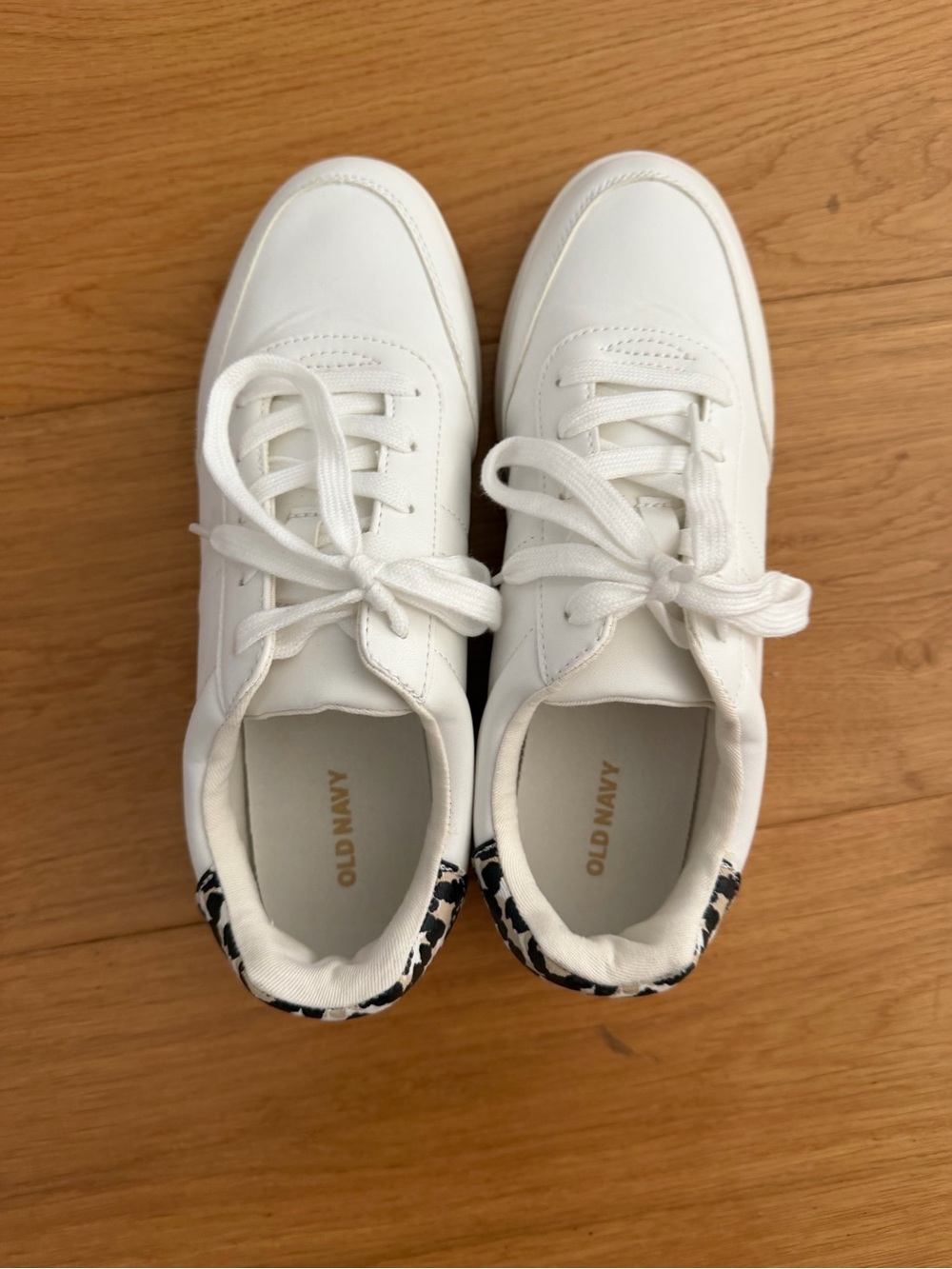 Old Navy White Sneakers with Black Leopard Heel Trim